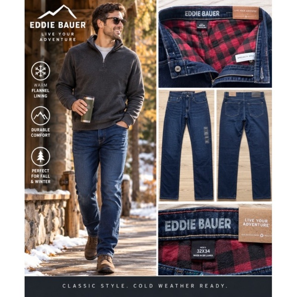 Eddie Bauer Mens 32x34 Flannel Lined Straight Leg Jeans NWT Dark Wash Winter